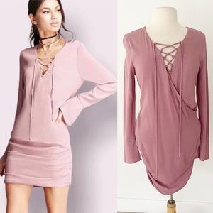 Line & Dot Revolve Lace Up Mauve Pink Ruched Bodycon Mini Dress | XS